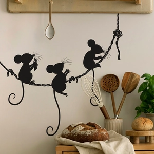 Black vinyl mouse silhouette wall stickers showing playful mice on rope for kitchen decor