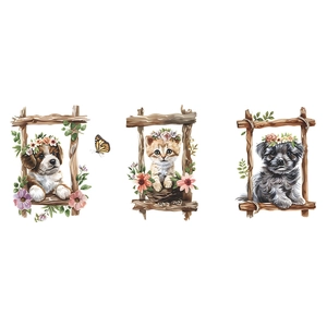 Three-piece watercolor animal wall art set featuring puppy and kitten with floral wreaths