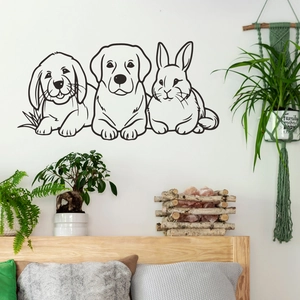 Minimalist black line art wall stickers of dogs and rabbits for cozy bedroom decoration