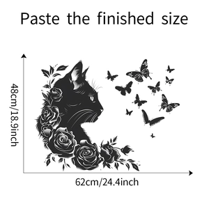 Dimensions diagram of black cat silhouette wall sticker with roses and butterflies