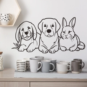 Cartoon puppy and rabbit line art wall decals for minimalist nursery or living room decor