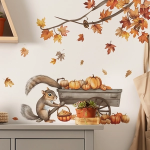 Squirrel Pumpkin Cart Maple Leaves Autumn Wall Stickers Removable PVC Decals For Kids Room Bedroom Home Wall Decoration