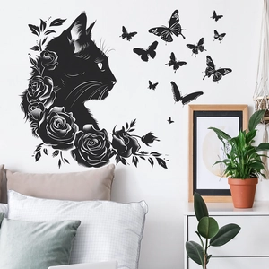 Black Cat Rose Butterfly Wall Sticker DIY Removable PVC Silhouette Decal For Living Room Bedroom Home Decoration Mural Art