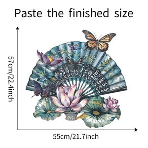 Detail diagram of Chinese style lotus fan wall sticker showing finished size 55cm x 57cm