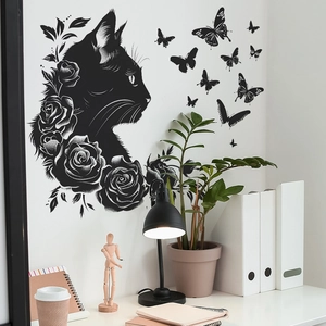 Elegant black cat silhouette wall sticker with roses and butterflies for home decor