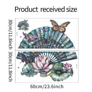Detail of two 30x60cm wall stickers featuring Chinese fans, lotuses, and butterflies