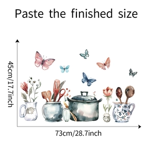 Watercolor kitchen utensil wall sticker dimensions showing 73cm x 45cm finished size