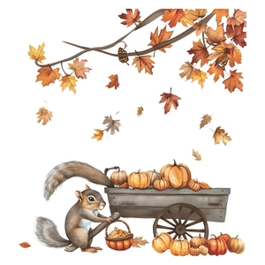 Autumn squirrel wall sticker with pumpkins and maple leaves on white background