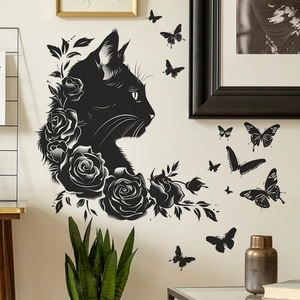 Detail of DIY self-adhesive black cat and rose wall sticker with butterfly decals