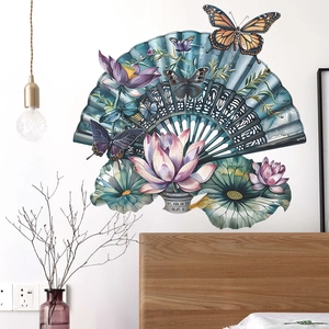 Chinese Style Lotus Flower Fan Butterfly Wall Stickers PVC Removable Floral Art Decals For Living Room Bedroom Home Wall Decoration