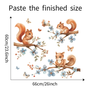 Detailed dimension guide for squirrel and flower wall stickers set with size measurements