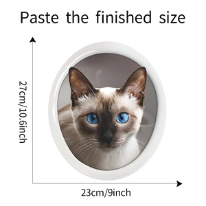 Detailed dimensions of the blue-eyed Siamese cat sticker, measuring 27cm by 23cm