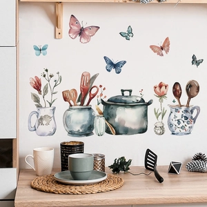 Watercolor kitchen wall stickers featuring utensils and floral pots for home decor