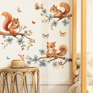 Cartoon Squirrel Tree Climbing Wall Stickers For Kids Bedroom PVC Watercolor Animal Floral Butterfly Home Decor Wall Decal