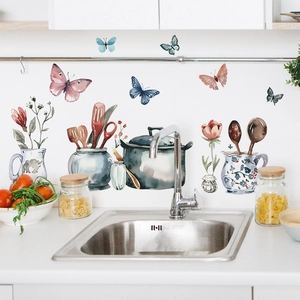 Kitchen wall decals featuring watercolor pots, spoons, and floral vases on a white wall