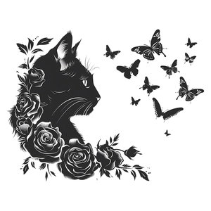 Artistic black cat silhouette wall sticker with roses and butterflies for home decor