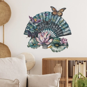 Classic Chinese lotus flower fan wall decals with butterflies for home living room decor