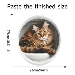 Detailed dimension view of 3D cat wall sticker showing 27cm by 23cm finished size