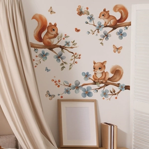 Cartoon squirrel wall decal with blue flowers and berries for kids bedroom decoration