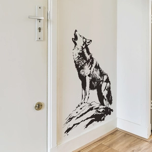 Black wolf silhouette wall sticker standing on rock for minimalist living room decor