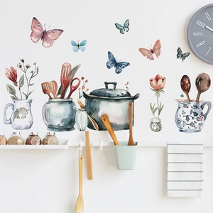 Artistic watercolor kitchen wall stickers with colorful cookware and butterfly motifs