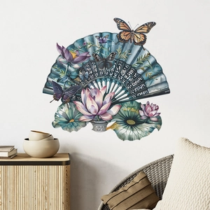 Chinese style folding fan wall sticker with pink lotus and butterflies on a white wall