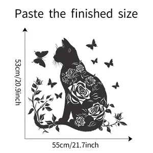 Size chart showing a black cat wall sticker with floral patterns measuring 53cm by 55cm