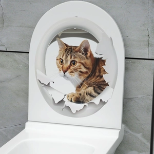 3D realistic cat wall sticker showing a ginger tabby cat peeking through a torn paper hole