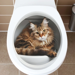 Cat toilet training seat insert in white, shown with a long-haired cat in a bathroom