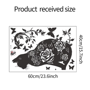 Detailed size chart showing 60x40cm dimensions for black cat and flower wall sticker