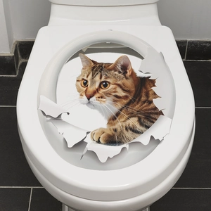 3D realistic cat toilet wall sticker featuring a tabby cat breaking through a white wall