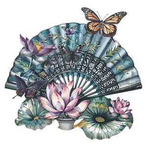 Traditional Chinese style wall sticker featuring teal folding fan, lotus, and butterflies