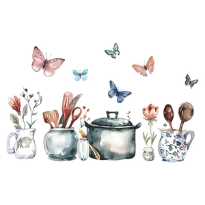 Watercolor kitchen wall decals with pots utensils floral jars and colorful butterflies
