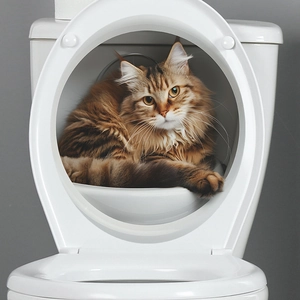 Close-up of a cute fluffy orange cat sitting inside a white ceramic toilet for decoration