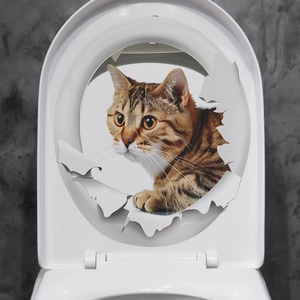 Creative 3D tabby cat wall sticker with 3D broken wall effect for bathroom decoration