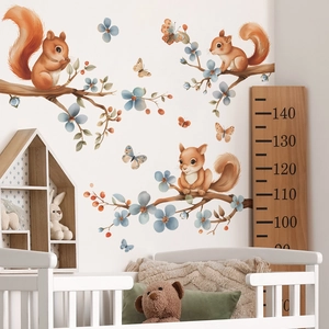 Watercolor cartoon squirrel climbing tree wall stickers for kids nursery bedroom decor