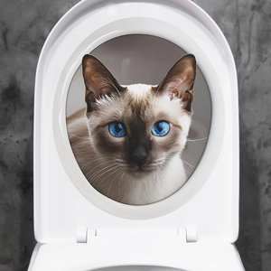 Siamese cat toilet lid decal with blue eyes, realistic animal wall sticker for bathroom decor