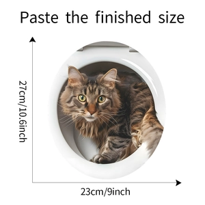 Detail showing 3D realistic cat toilet sticker dimensions 23x27cm on white lid