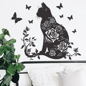 Black silhouette wall sticker featuring an elegant cat with floral patterns and butterflies