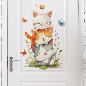 Cartoon cats wall sticker with three stacked kittens and butterflies for kids room