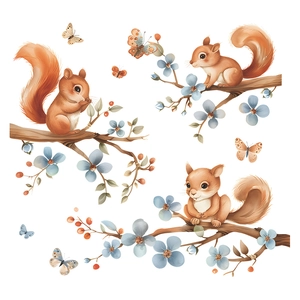 Cartoon squirrel and branch wall stickers with colorful butterflies for kids bedroom decor