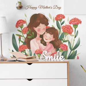 Happy Mother's Day wall sticker with cartoon mother and daughter embracing and carnations
