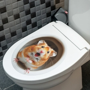 Close-up of 3D hamster wall sticker showing realistic fur details on a white toilet lid