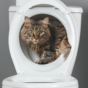 Detailed view of cute brown tabby cat sitting on a glossy white U-shaped toilet lid sticker