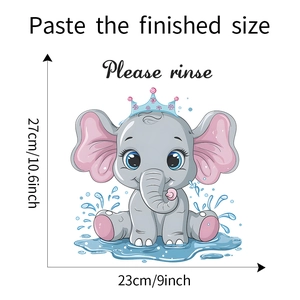 Dettaglio dell'adesivo con elefante che mostra dimensioni di 23 cm di larghezza e 27 cm di altezza