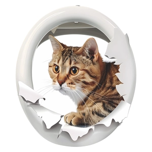 Detailed close-up of a 3D ginger tabby cat wall sticker with realistic torn hole effect