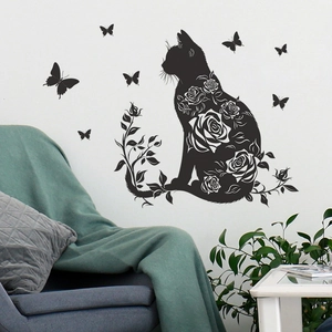Creative black cat and flower wall sticker silhouette for kids room home decoration