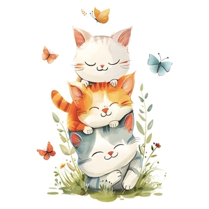 Watercolor stacked cartoon cats wall sticker for kids room decoration in soft colors