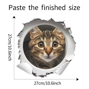 Detailed dimensions of 3D cat wall sticker showing 27cm size for bathroom decor