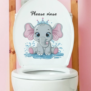Dettaglio dell'adesivo per WC con elefante e scritta su coperchio bianco